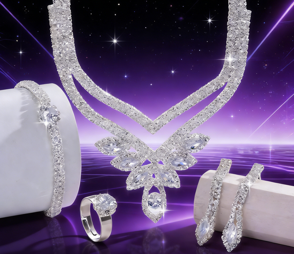Ensemble de bijoux en argent sterling 925 Celestial - Collier, boucles d'oreilles, bracelet et bague en zircone pour mariage/gala glamour